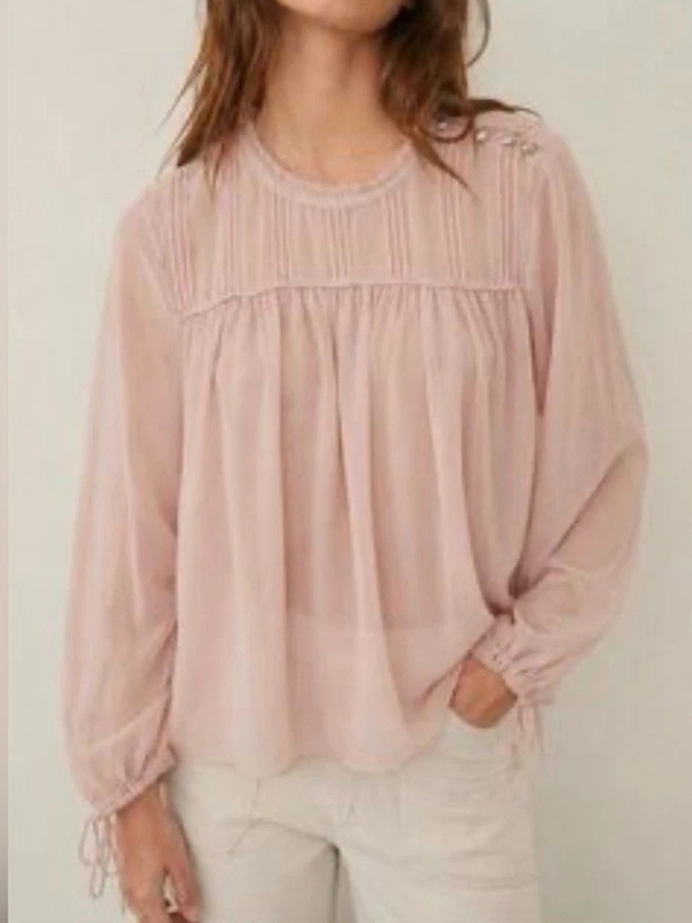 Wilfred by Aritzia Light Pink Long-Sleeve Pleated Women's Blouse size L